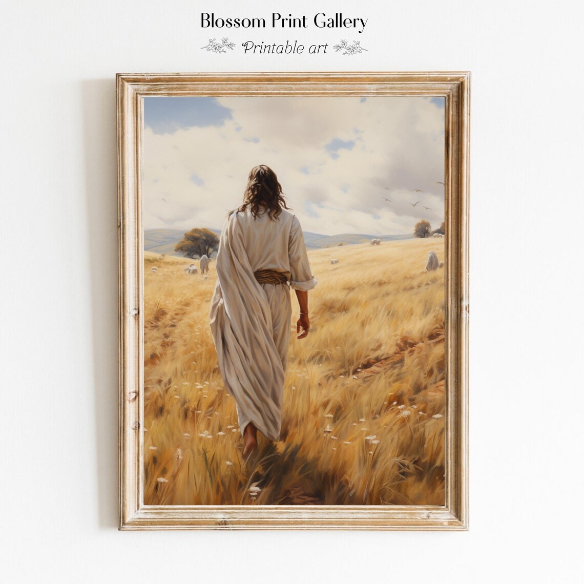 Jesus Walking In Wheat Field With Sheep Golden Christian Art Painting Poster
