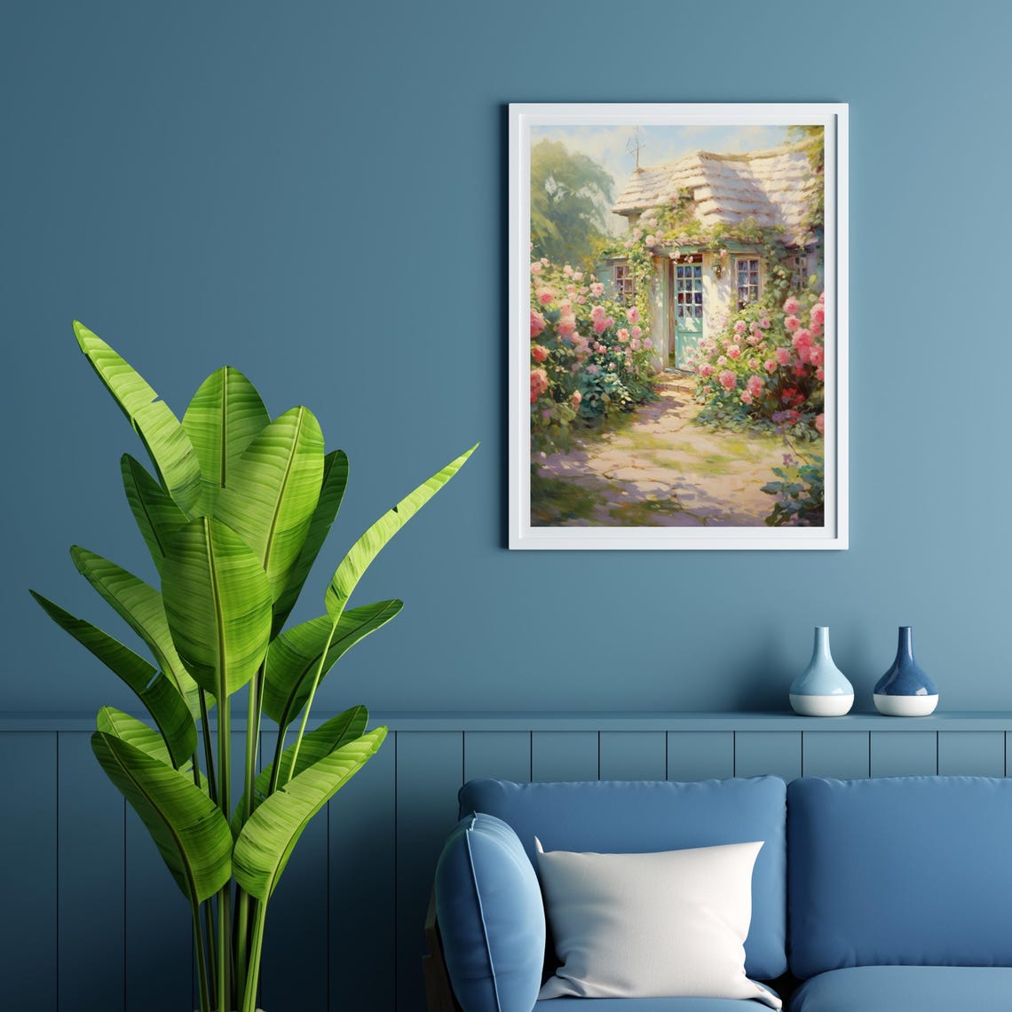 Sunlit Thatched Roof Cottage Bursting With Roses Garden Art Poster - Image 6