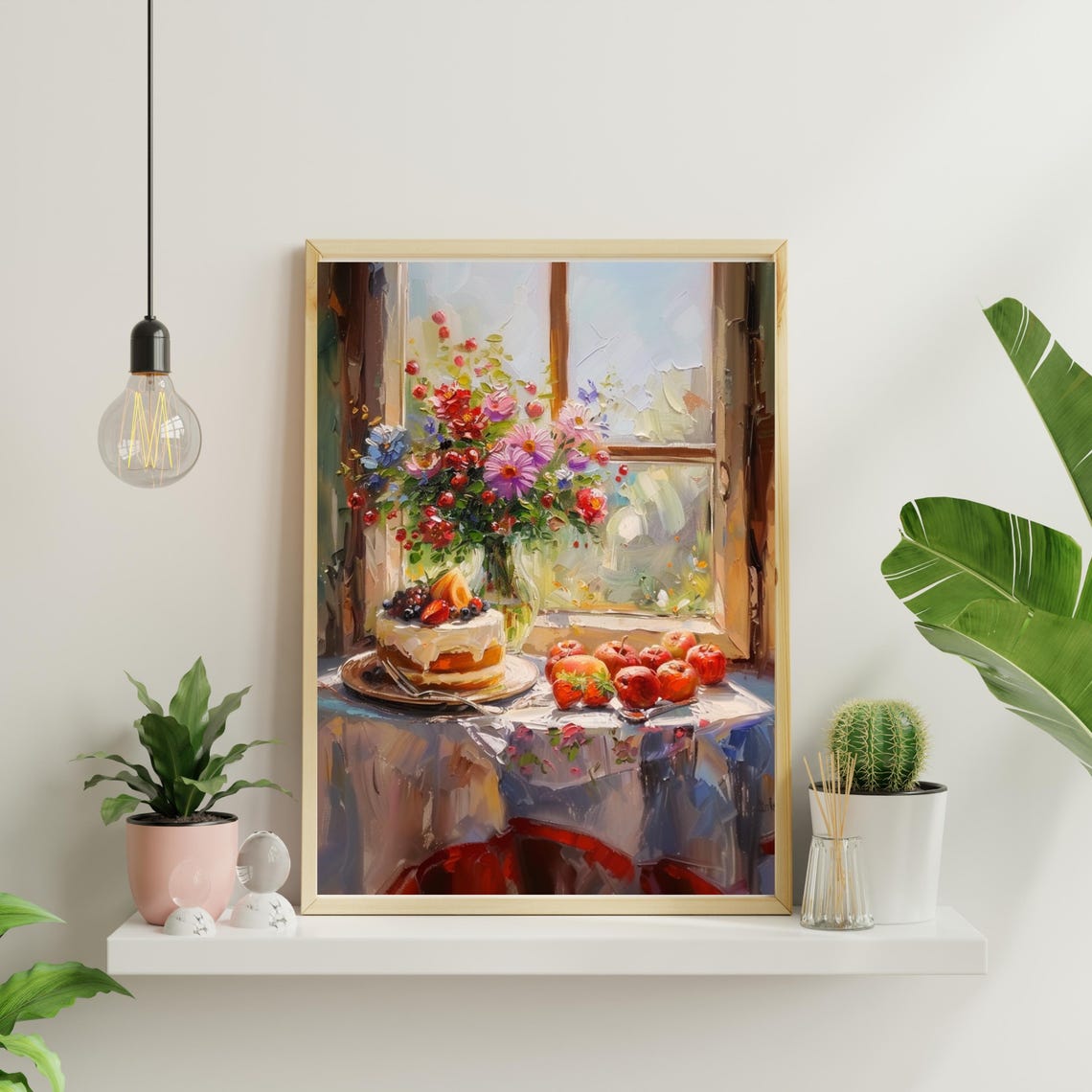 Sunlit Summer Still Life Flowers Berry Cake Window Painting Poster - Image 4