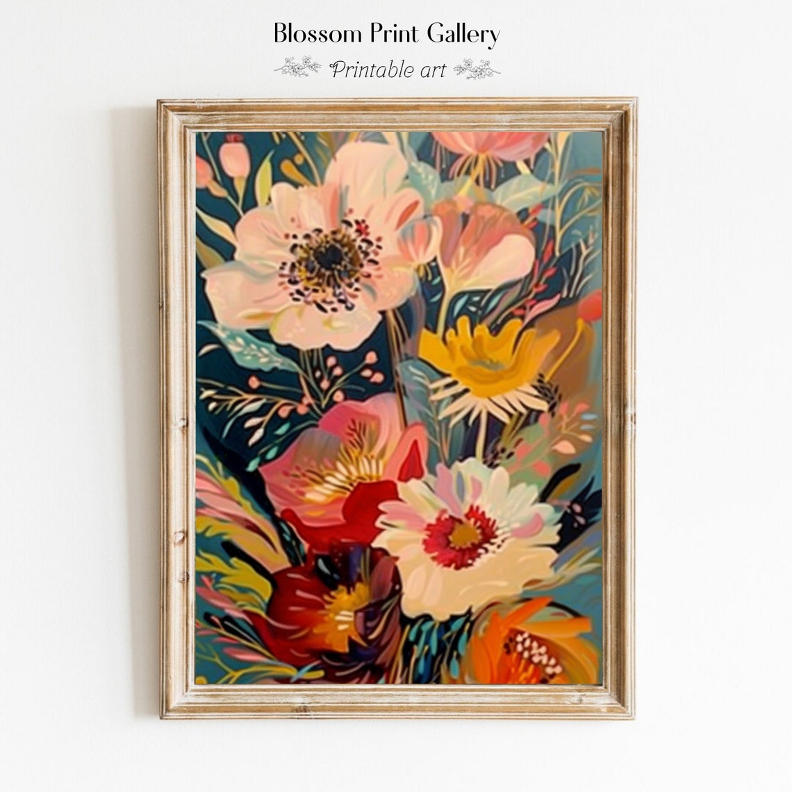 Bold Botanical Flowers Dark Teal Background Modern Floral Poster