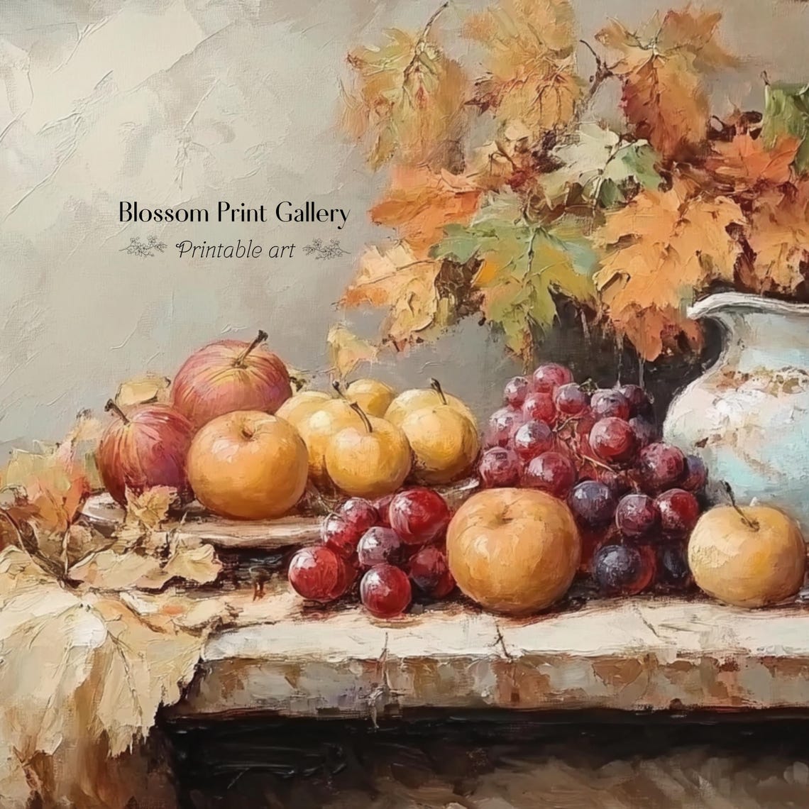 Autumn Fruit Grapes Apples Rustic Pitcher Still Life Painting Poster - Image 2