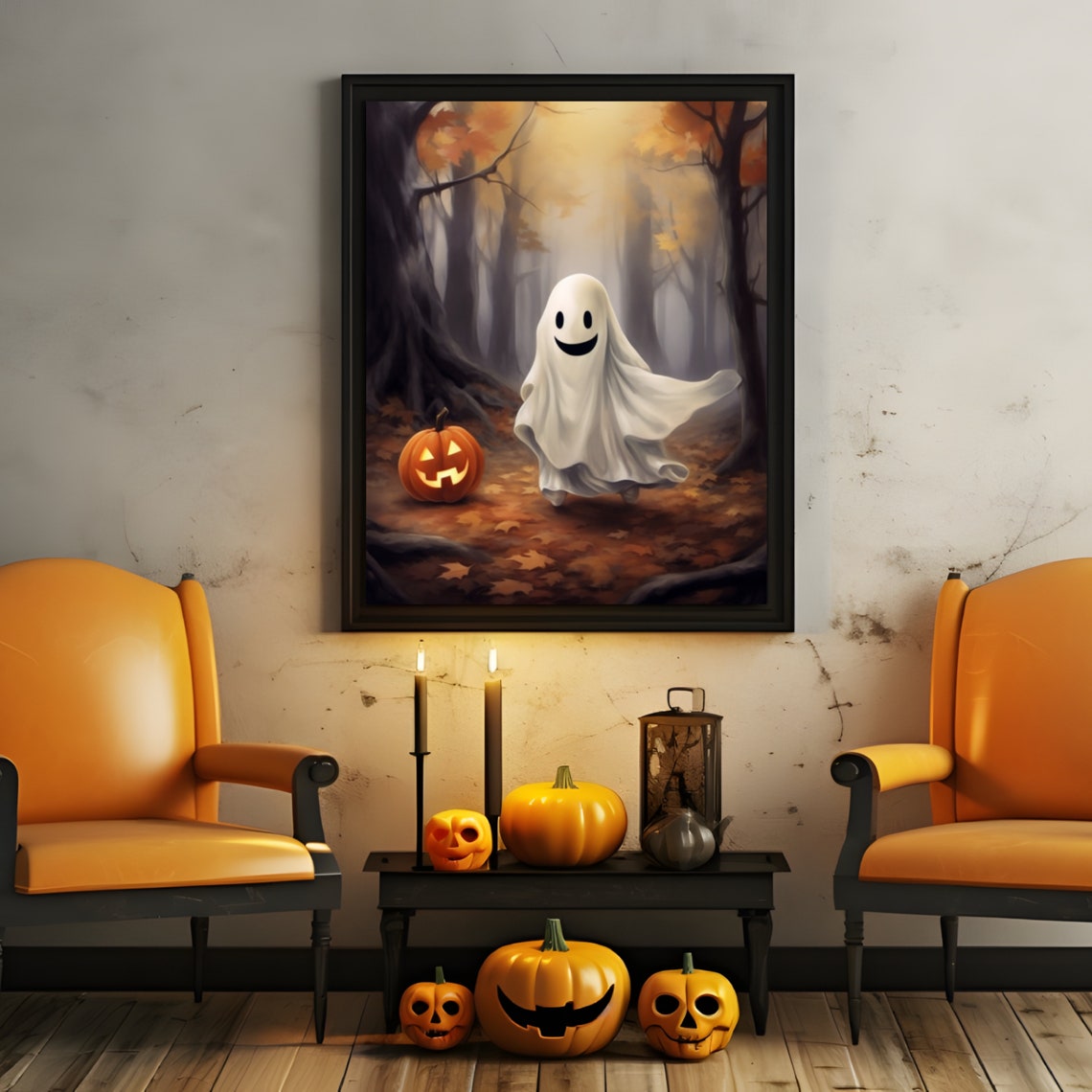 Smiling Ghost With A Jack O Lantern In A Misty Autumn Forest Poster - Image 4
