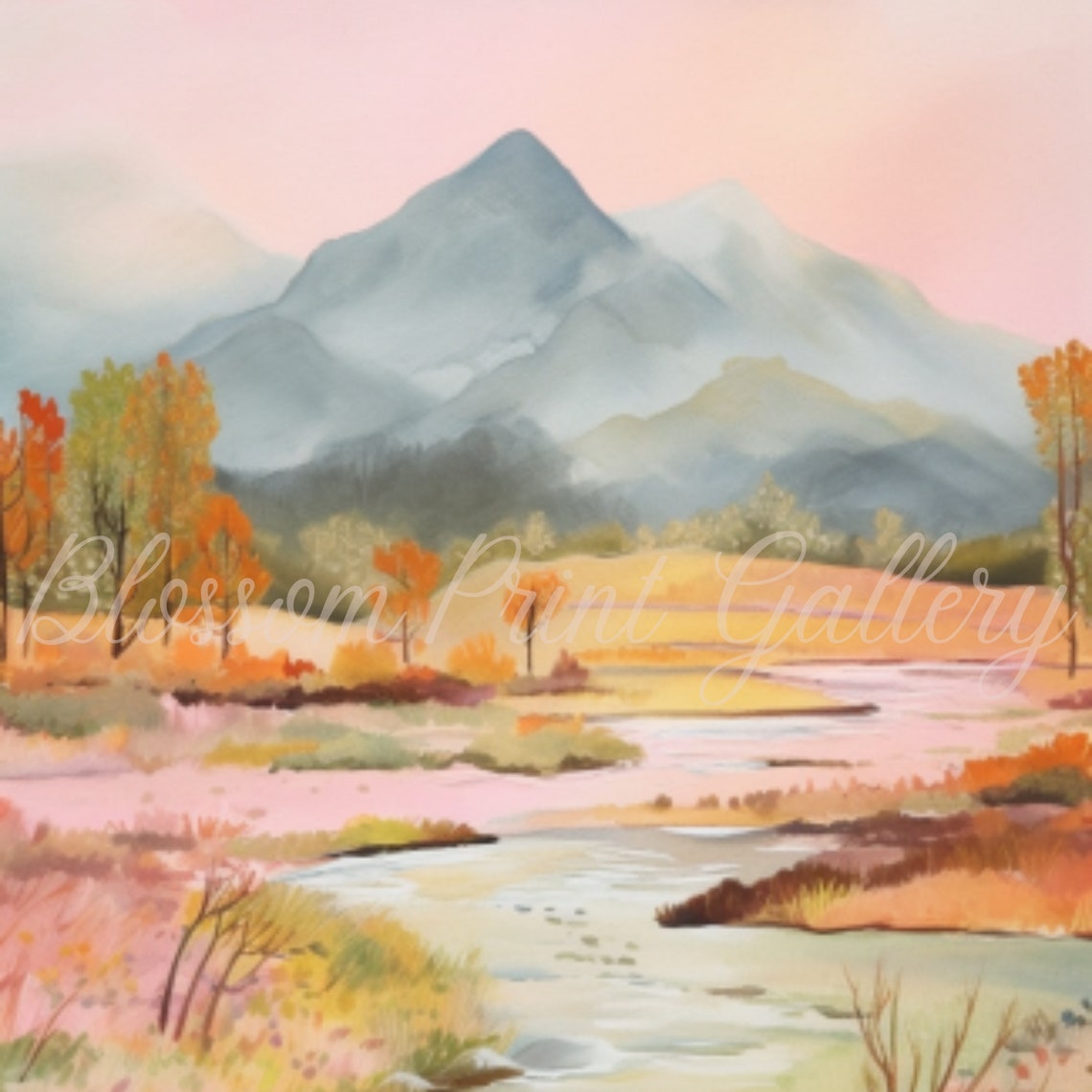 Pastel Watercolor Mountain Valley Meadow Stream Painting Poster - Image 2