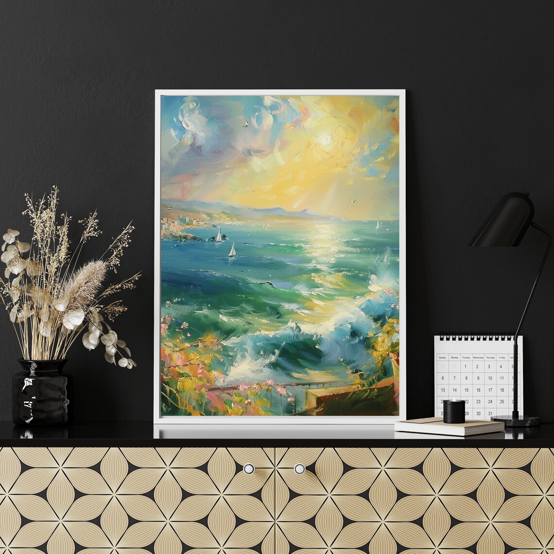 Sunlit Seascape with Sailboats Mediterranean Coastal Oil Painting Poster - Image 5