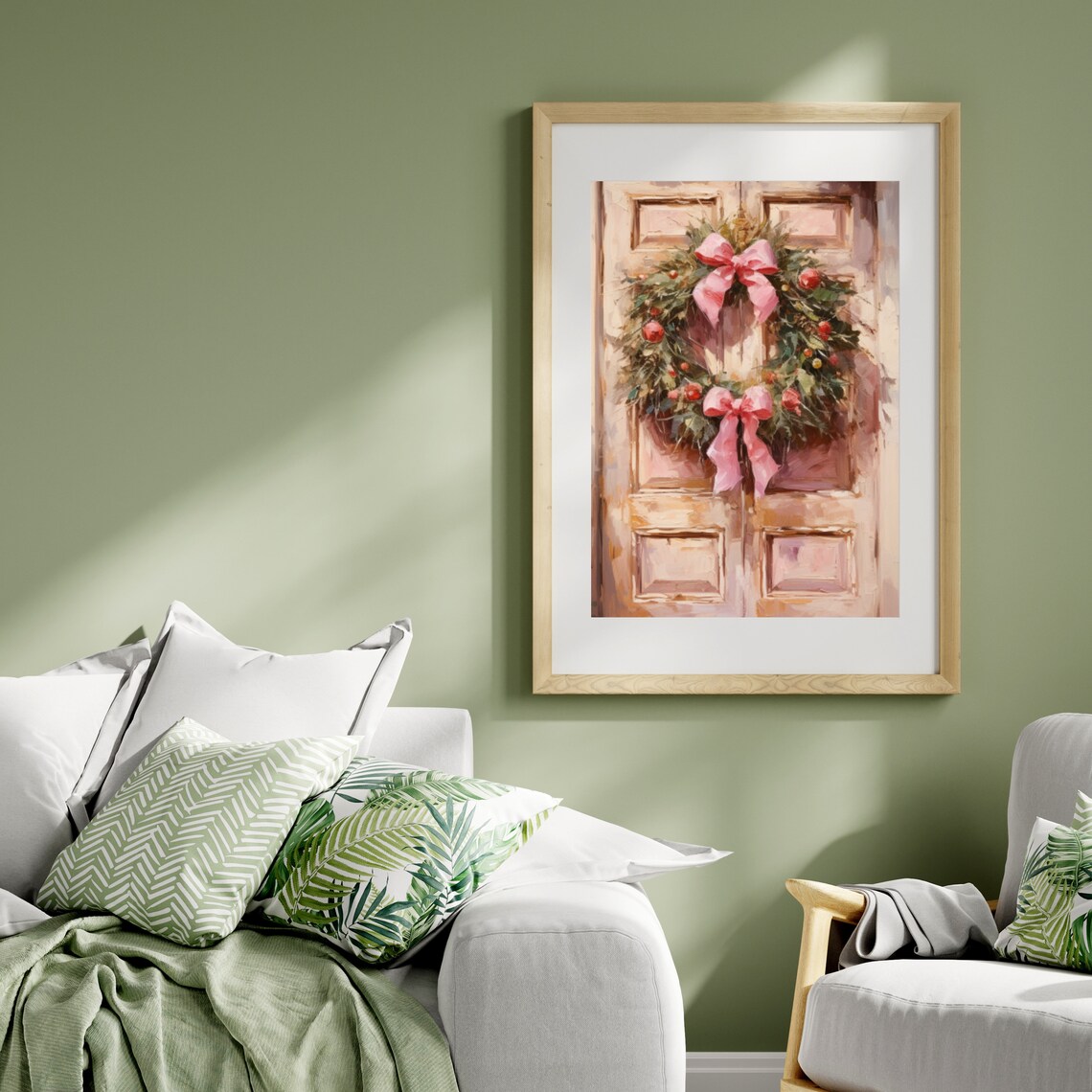 Pink Bow Christmas Wreath Vintage Door Holiday Painting Poster - Image 5