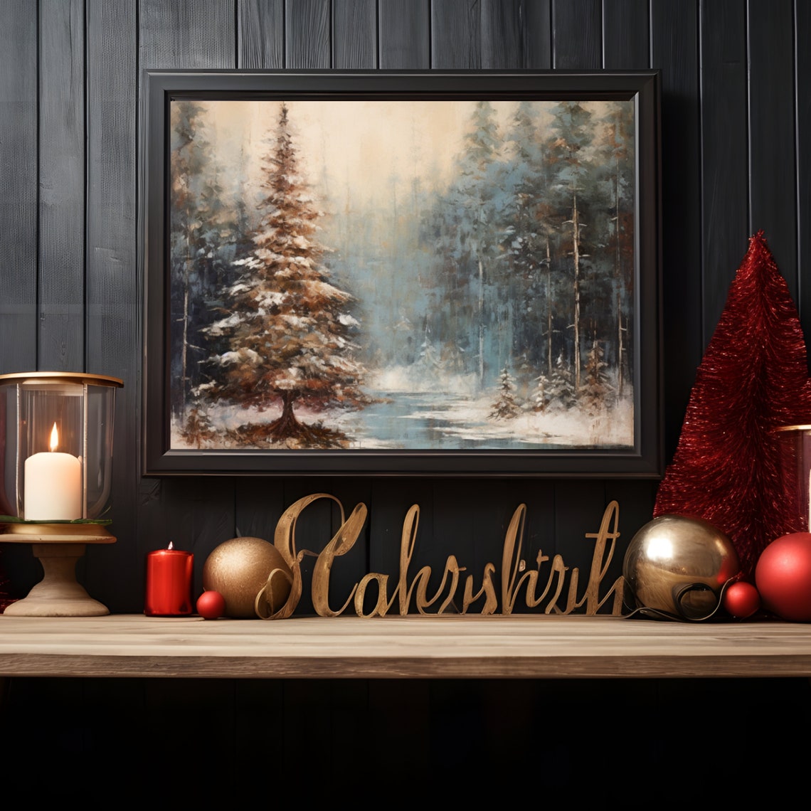 Snowy Evergreen in a Misty Winter Forest Moody Painting Poster - Image 5