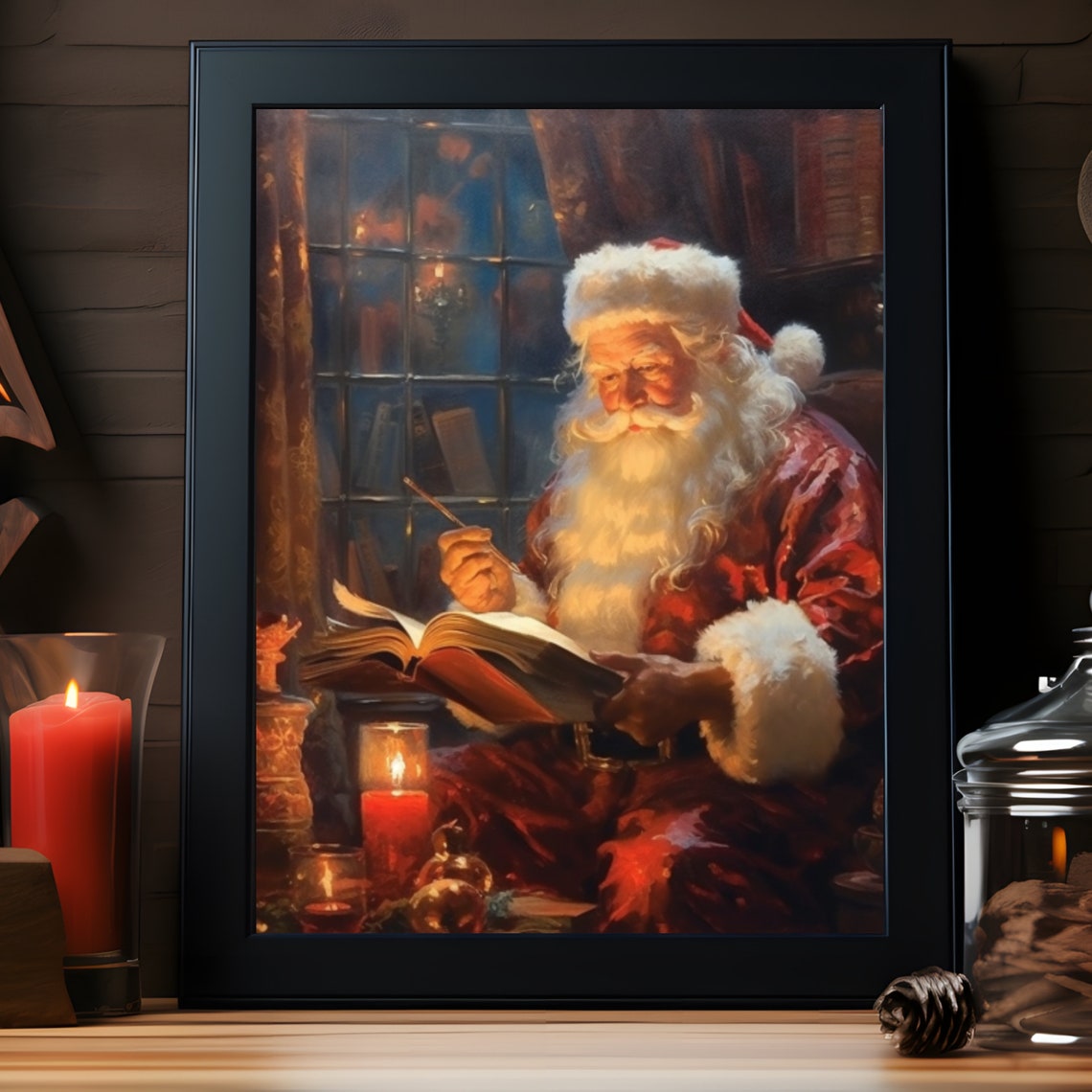 Santa Claus Reading Book By Candlelight Christmas Painting Poster - Image 6