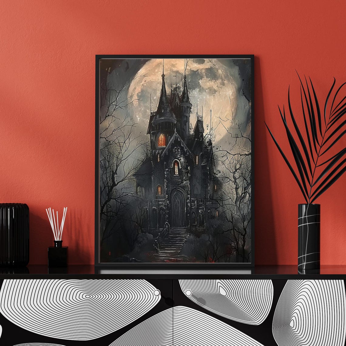 Gothic Haunted Castle under Full Moon Dark Halloween Painting Poster - Image 3