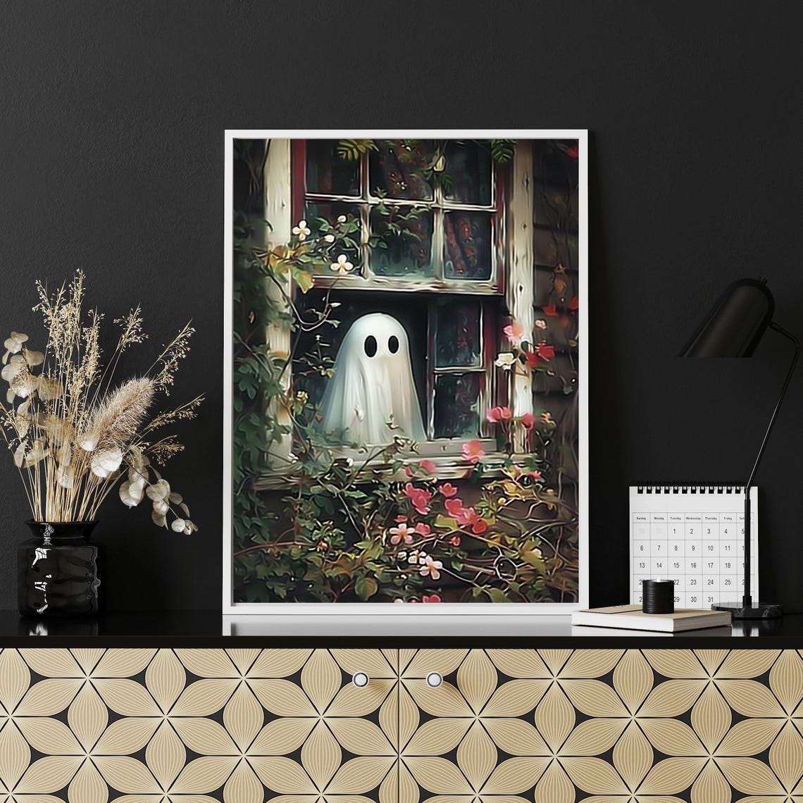 Cute Ghost Peeking Vintage Window Flower Garden Halloween Poster - Image 4