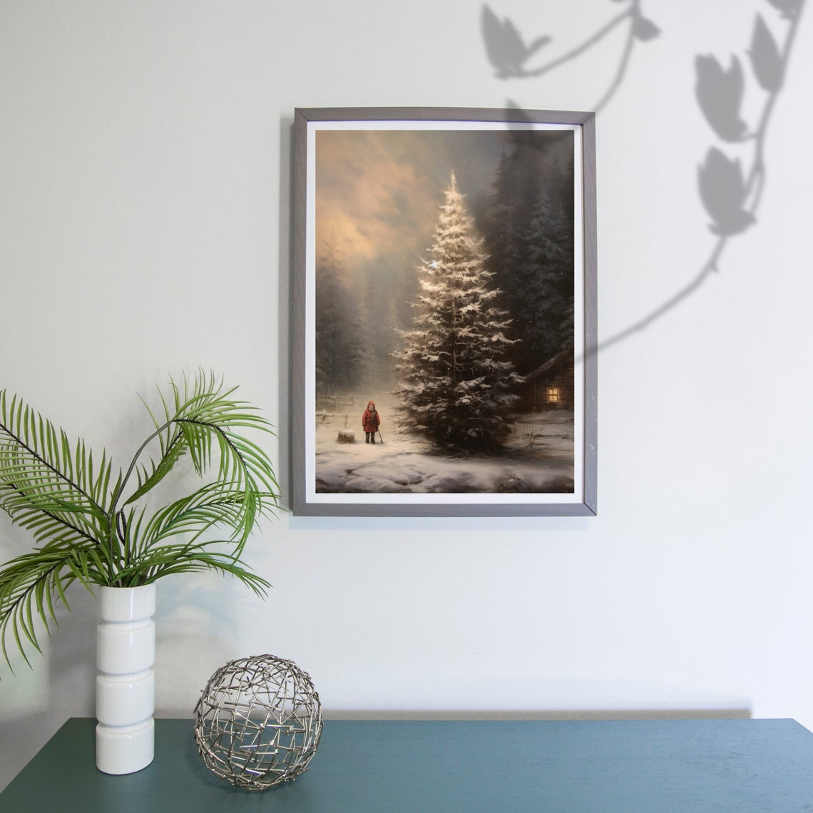 Child in Red Coat by Snowy Pine at Dusk Vintage Christmas Poster - Image 5