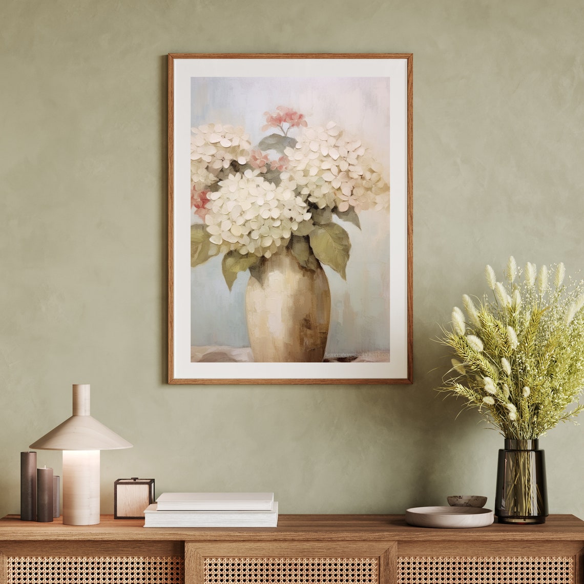 White And Blush Hydrangeas In A Beige Vase In Muted Tones Print - Image 4