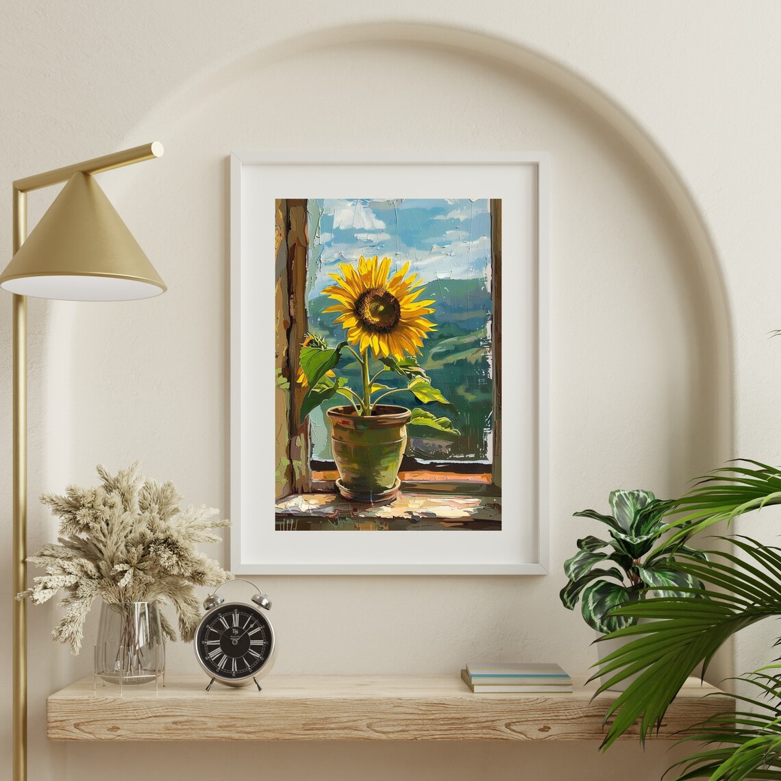 Sunflower In Pot On Windowsill Bright Yellow Floral Still Life Art Poster - Image 2