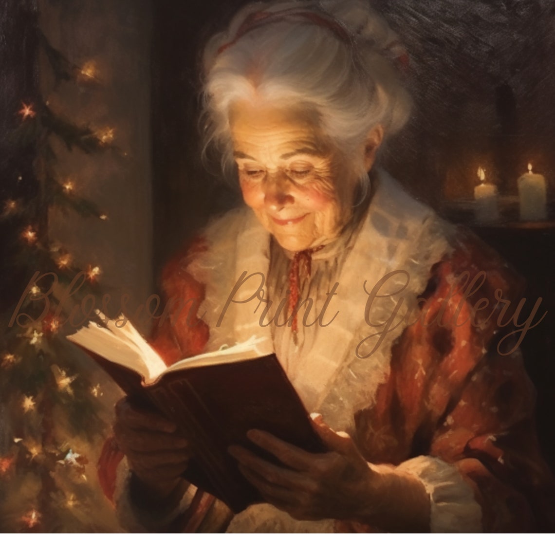 Mrs Claus Reading Glowing Book Candlelight Christmas Painting Poster - Image 3