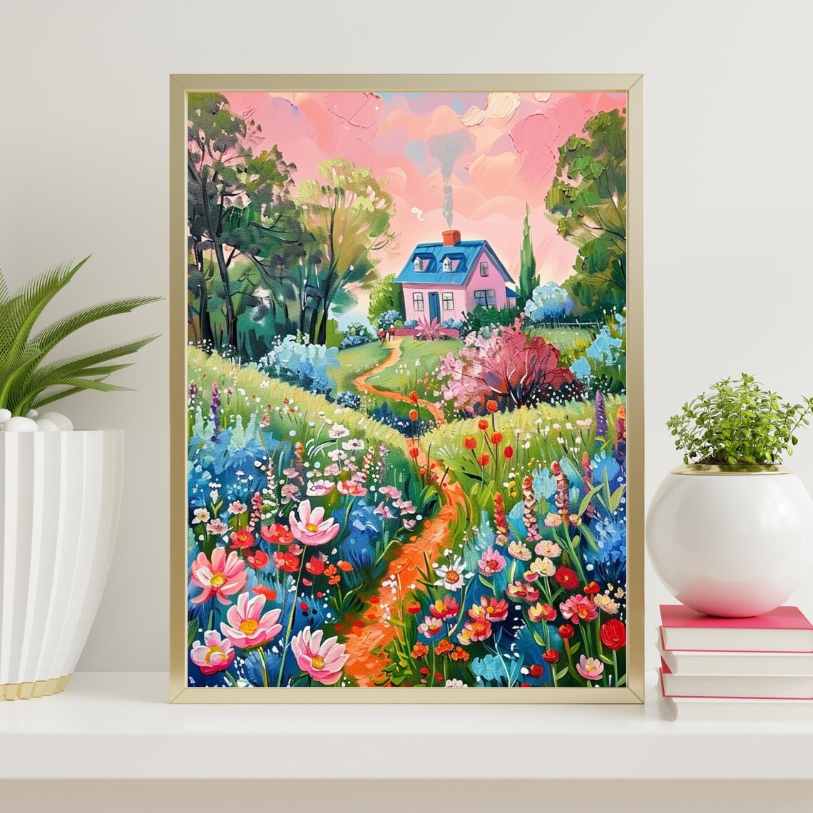 Colorful Farmhouse With Pink House Wildflower Path Pink Sky Art Poster - Image 3
