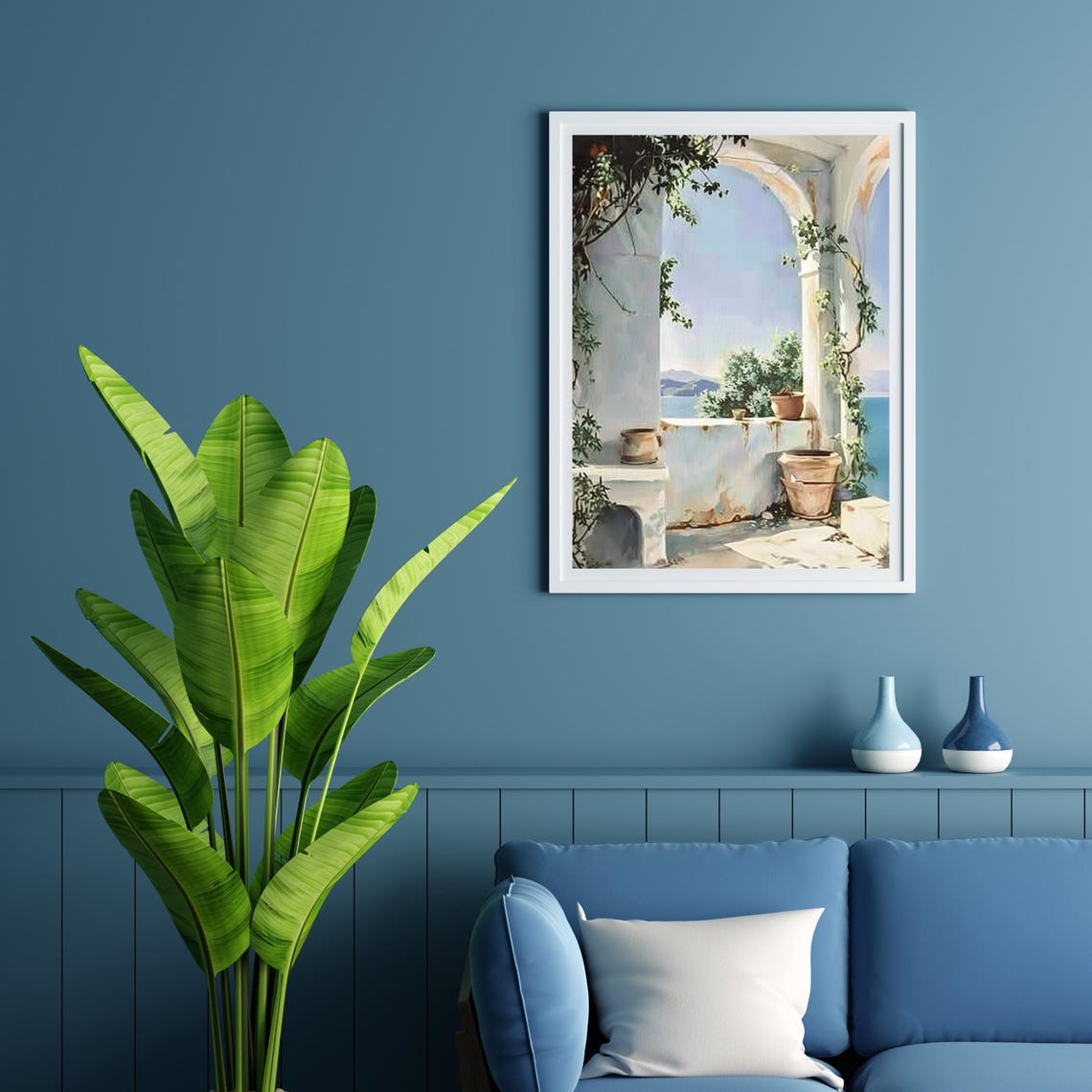 Mediterranean Terrace Arches Sea View Neutral Coastal Art Poster - Image 6