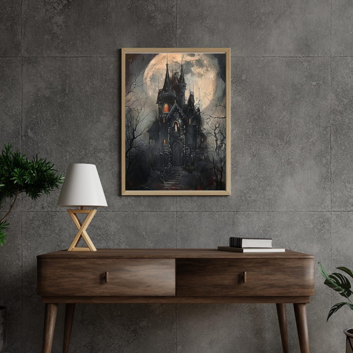 Gothic Haunted Castle under Full Moon Dark Halloween Painting Poster - Image 2