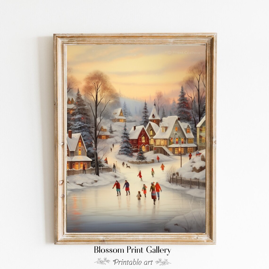 Snowy Winter Village Ice Skating at Golden Dusk Painting Poster
