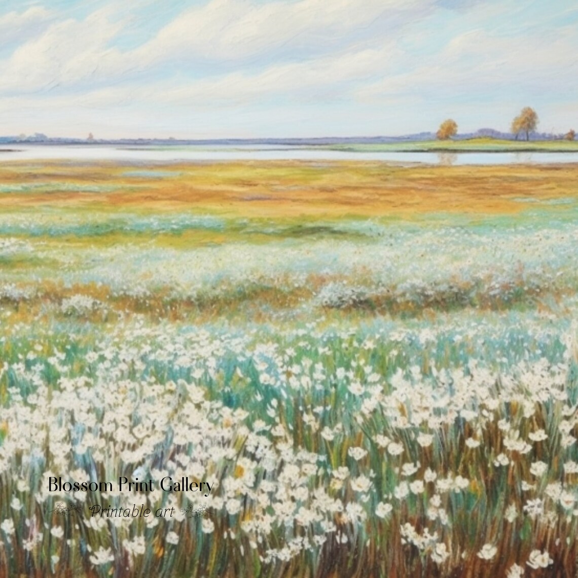 White Wildflower Meadow Golden Marsh Landscape Vintage Oil Painting Poster - Image 3