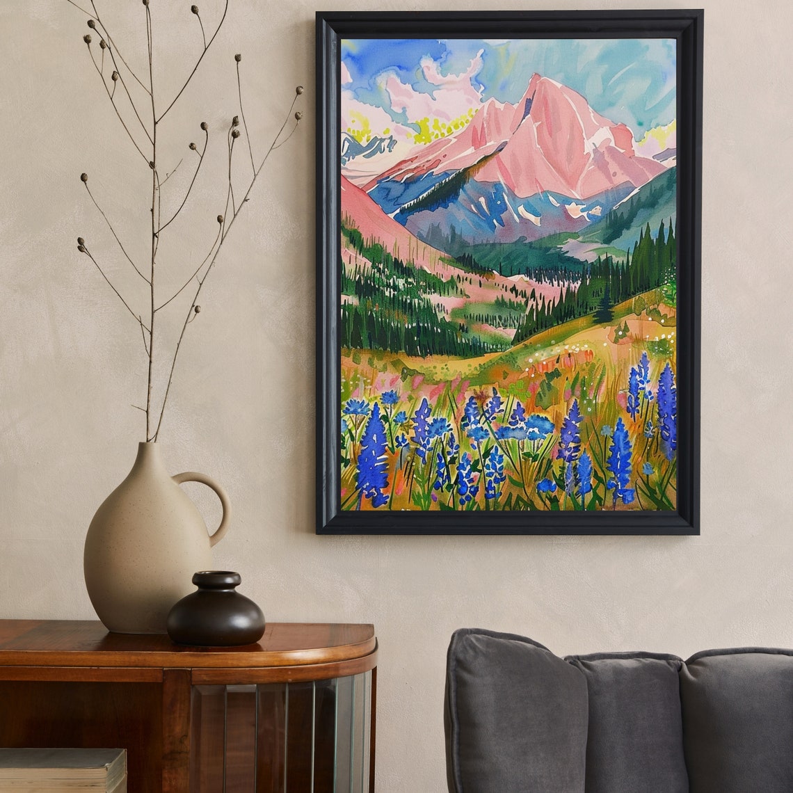 Pink Alpine Peak Above a Blue Lupine Meadow Watercolor Poster - Image 5