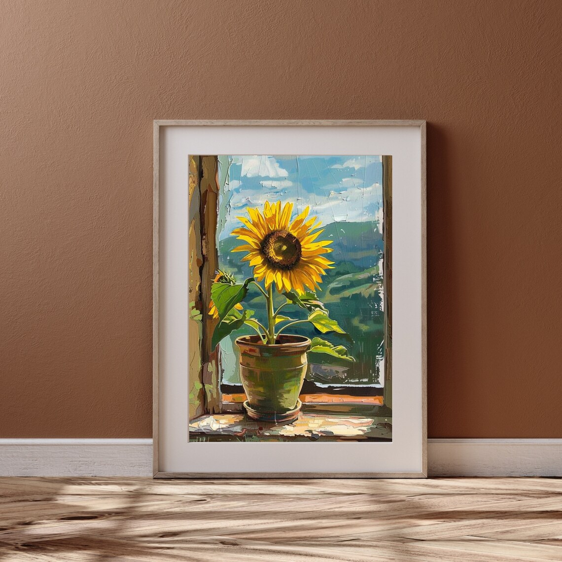 Sunflower In Pot On Windowsill Bright Yellow Floral Still Life Art Poster - Image 3