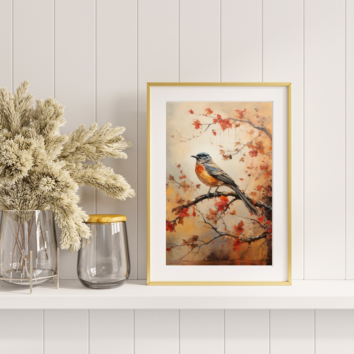 Orange Breasted Songbird On Autumn Branch Bird Painting Poster - Image 5