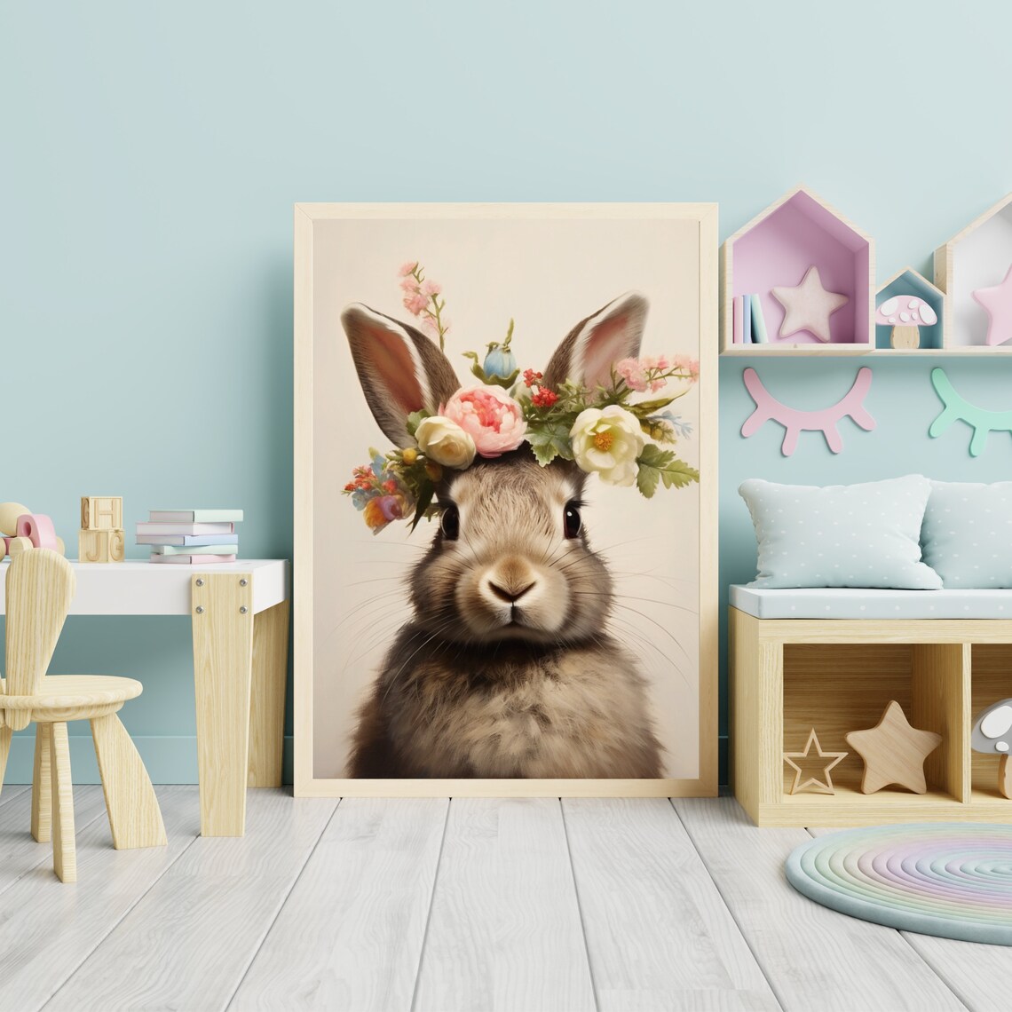 Bunny Rabbit With Floral Crown Cream Nursery Watercolor Portrait Poster - Image 6