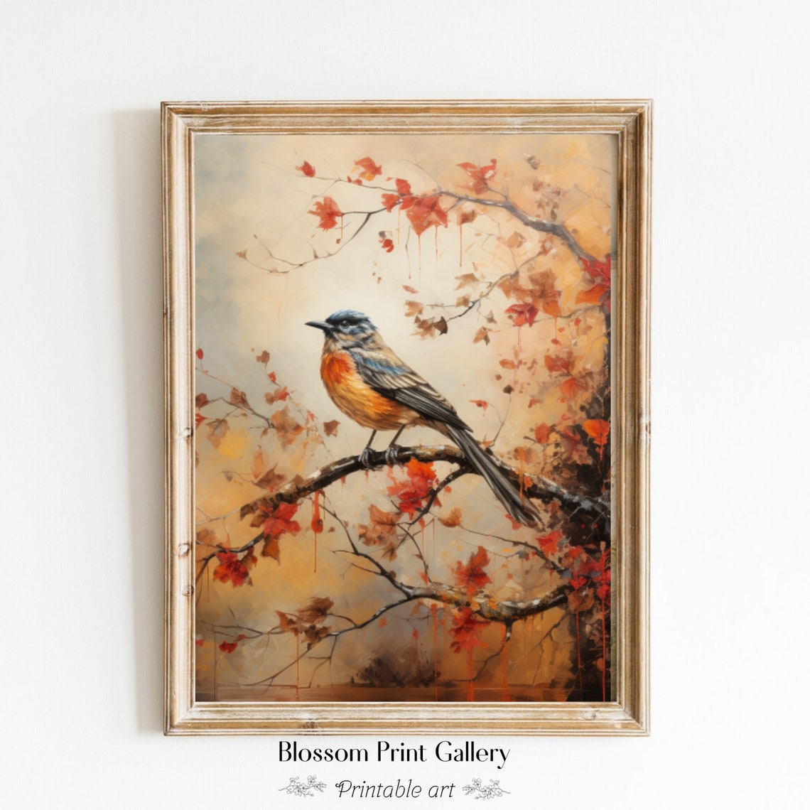 Orange Breasted Songbird On Autumn Branch Bird Painting Poster