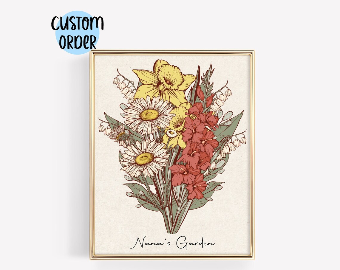 Grandmas Garden Birth Flower Art Print, Antique Floral