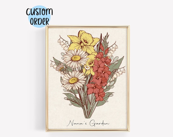 Grandmas Garden Birth Flower Art Print, Antique Floral