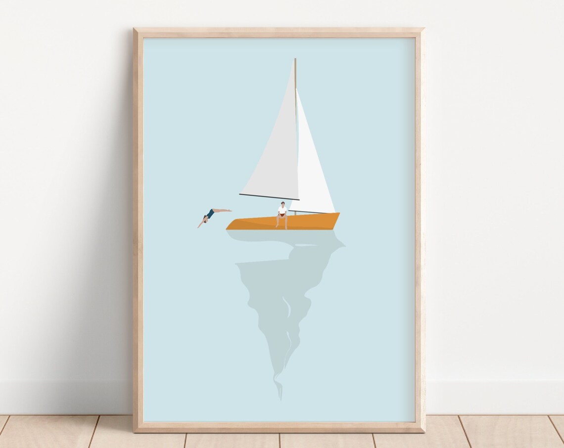 Tiny People on Sailboat Minimalist Ocean Poster