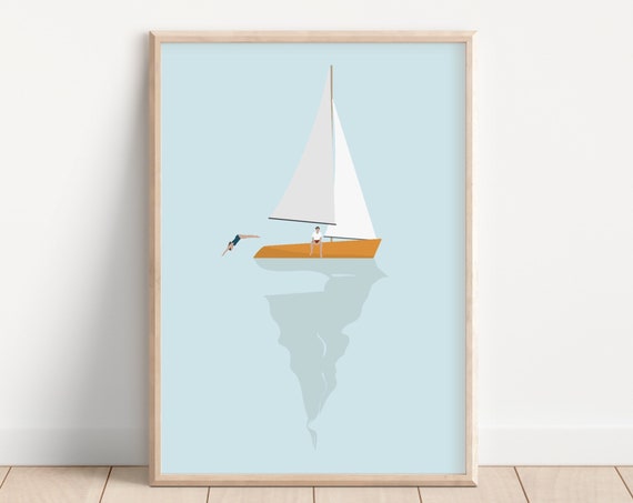 Tiny People on Sailboat Minimalist Ocean Poster