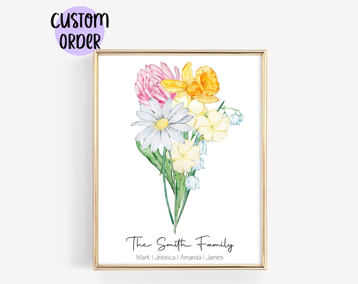 Personalized Family Birth Flower Bouquet Watercolor Art Poster