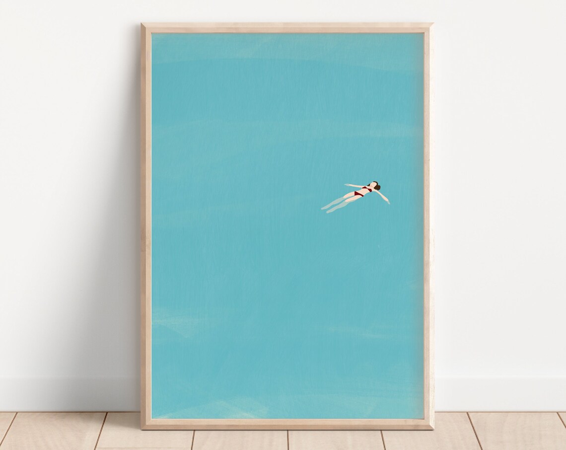 Tiny Girl Floating In Pool Minimalist Art Print