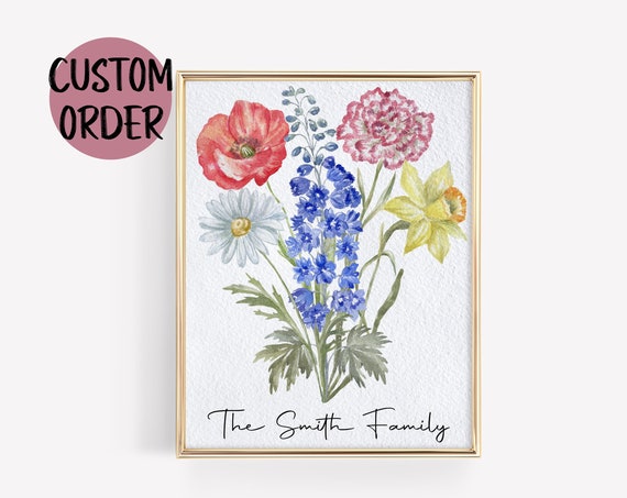 Family Birth Flower Bouquet, Mothers Day Watercolor Art Print