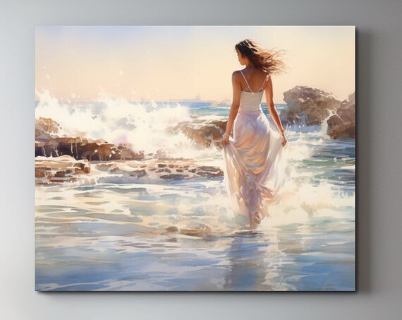 Woman In White Dress Walking Ocean Waves Sunset Watercolor Poster