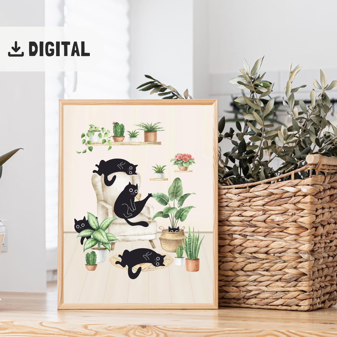 Five Black Cats Lounging in Plant Filled Living Room Art Poster - Image 2