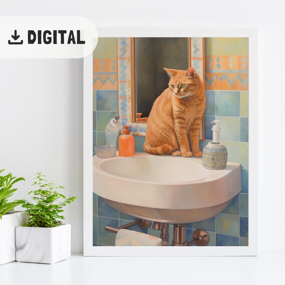 Bathroom Cat Poster Funny Catful Restroom Decoration Cute Toilet Poster Wc Wall Art Maximalist Decor Gift For Cat Lovers Red Cat Bathtub