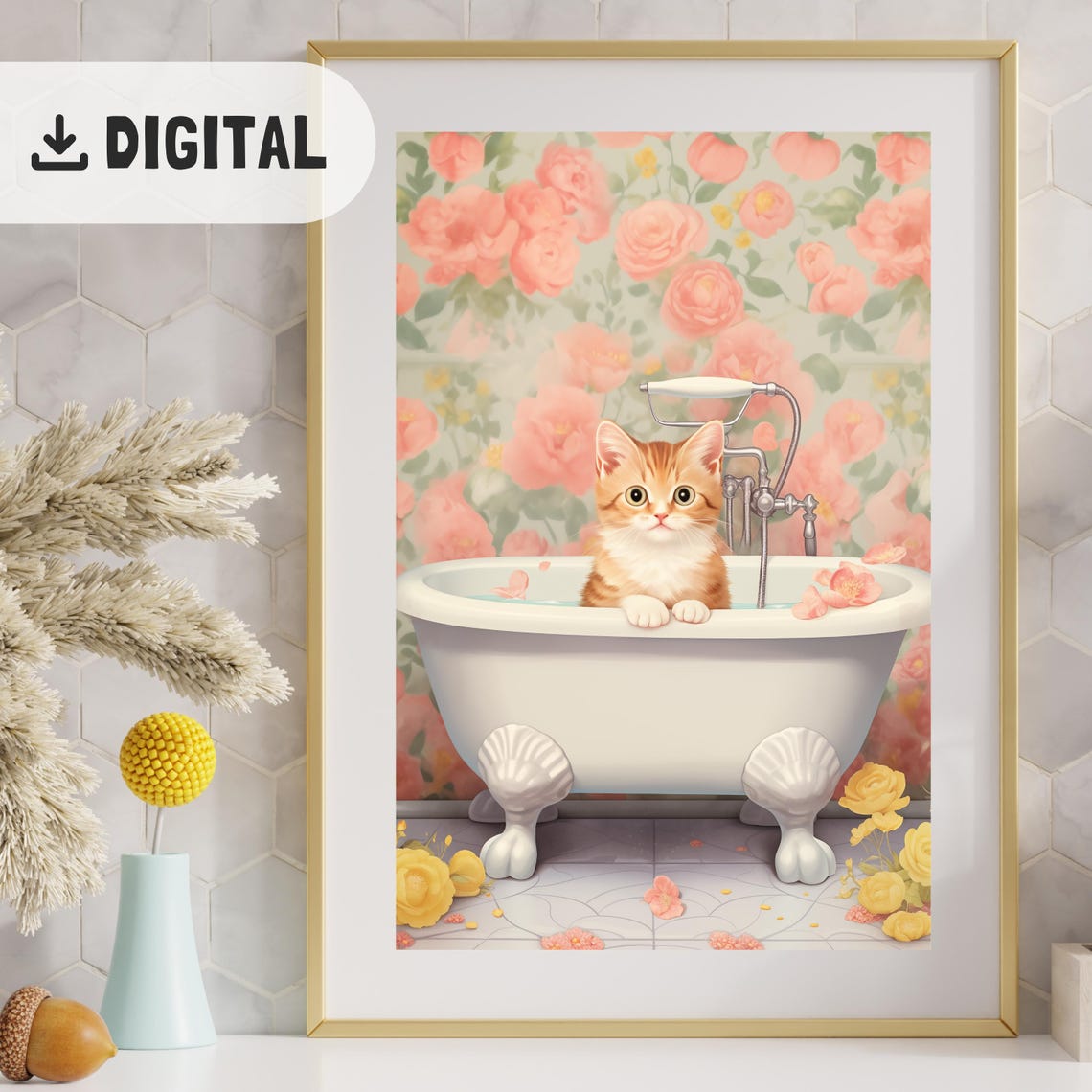 Orange Kitten Sitting in Clawfoot Bathtub with Roses Bathroom Poster