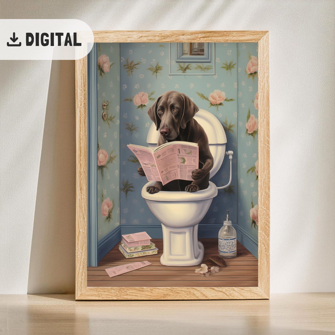 Chocolate Labrador Reading Pink Newspaper on Toilet Funny Poster - Image 2