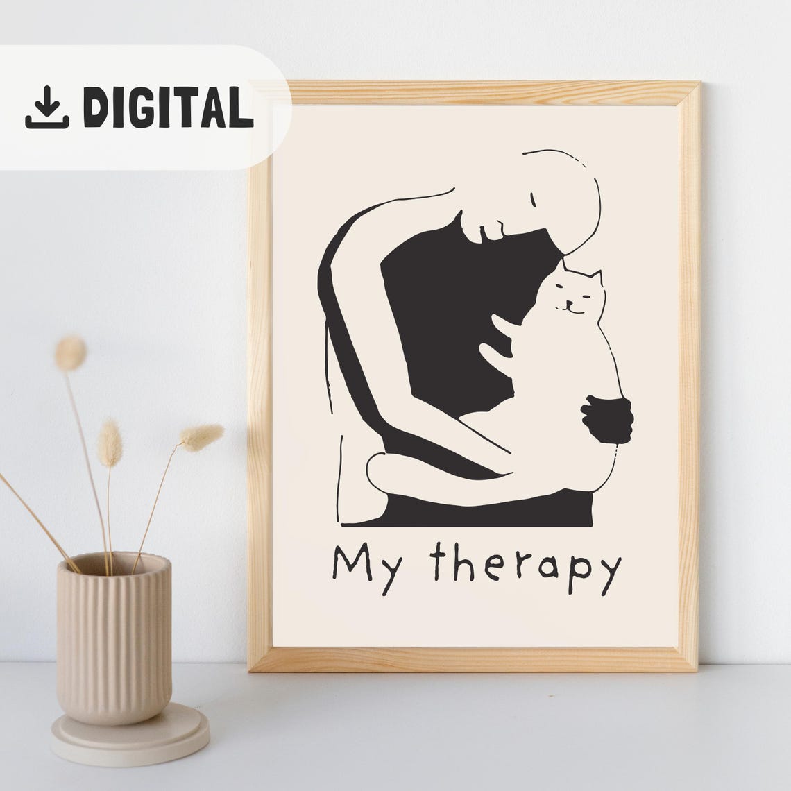 My Therapy Cat Hug Minimalist Line Art Emotional Support Cat Wall Art