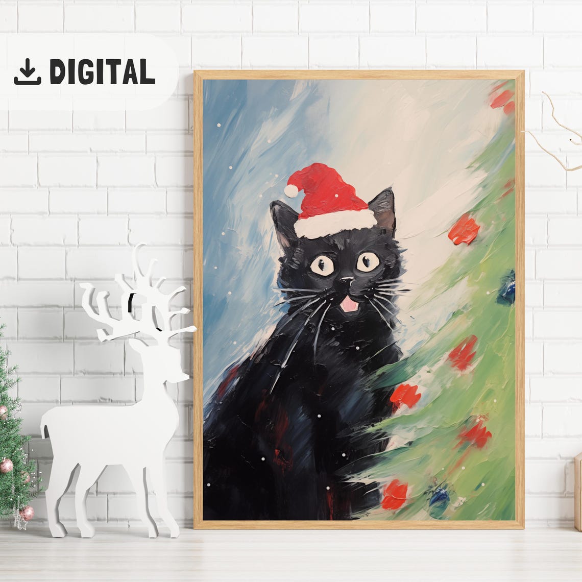 Funny Christmas Print Catful Christmas Oil Painting For Cat Lover Vintage Christmas Wall Art Quirky Cat Trendy Poster Xmas Art
