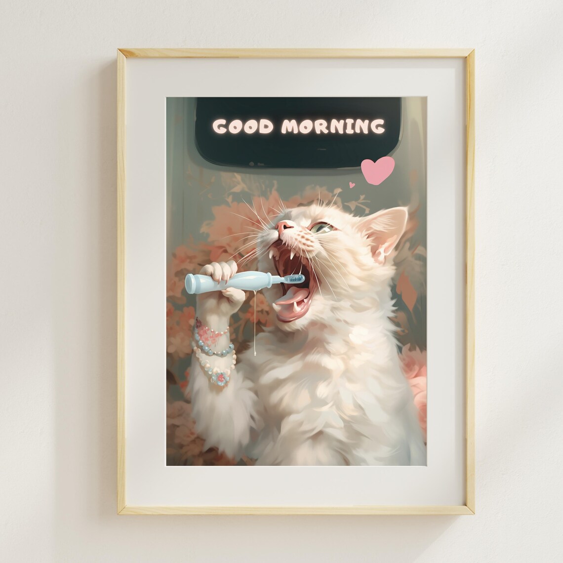 Good Morning White Cat Brushing Teeth Funny Bathroom Quote Cat Wall Art