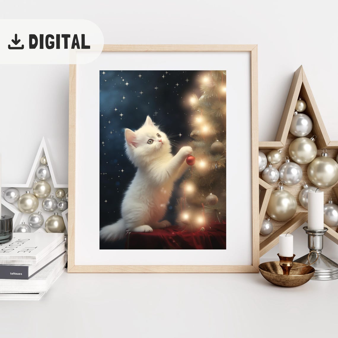 White Kitten Reaching For Red Ornament On Lit Christmas Tree Poster - Image 2