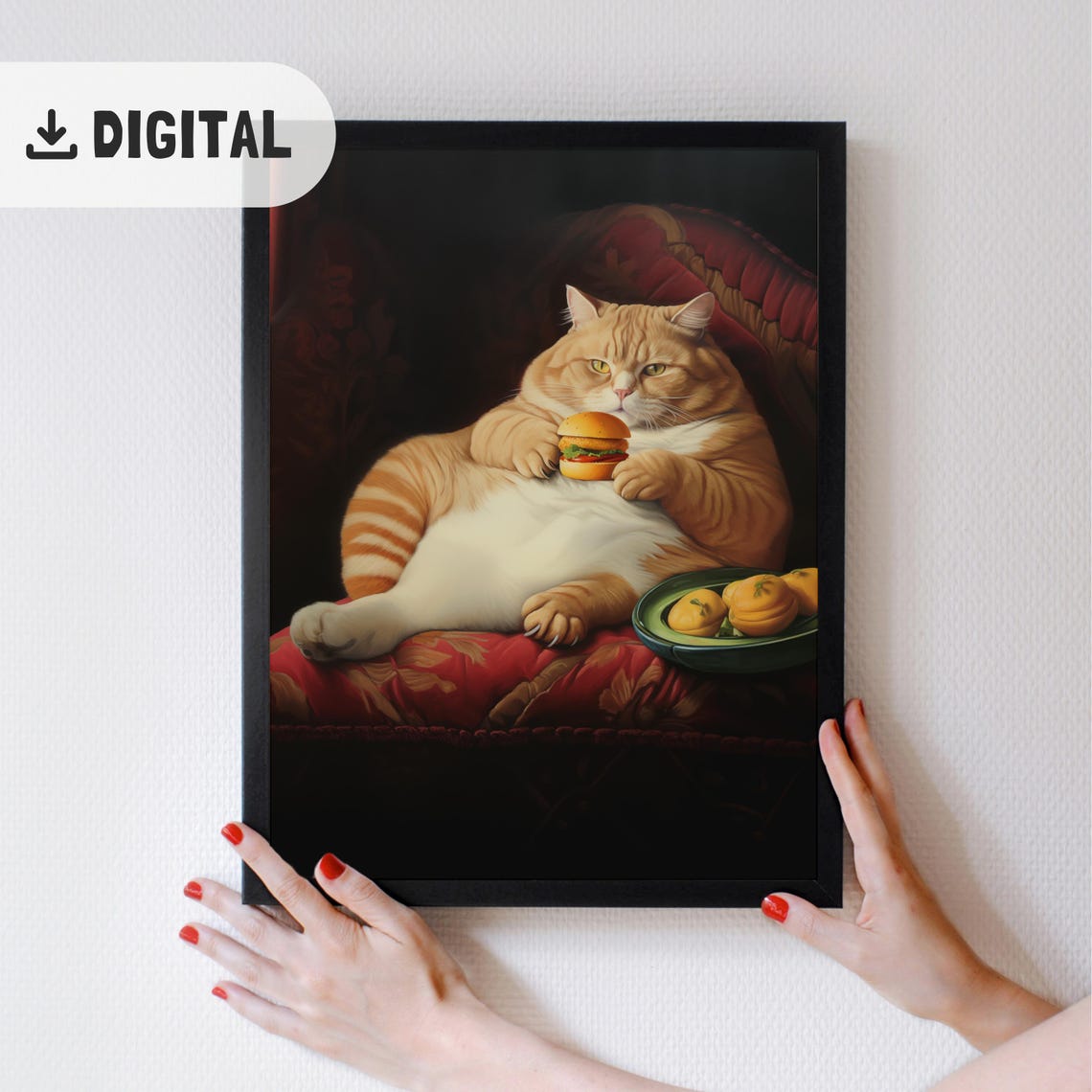 Chubby Orange Tabby Cat Burger Red Chair Painterly Poster Gift