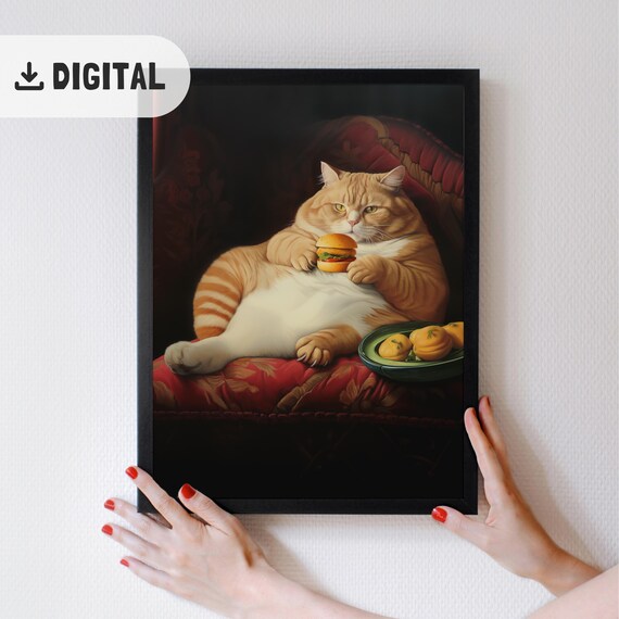 Chubby Orange Tabby Cat Burger Red Chair Painterly Poster Gift