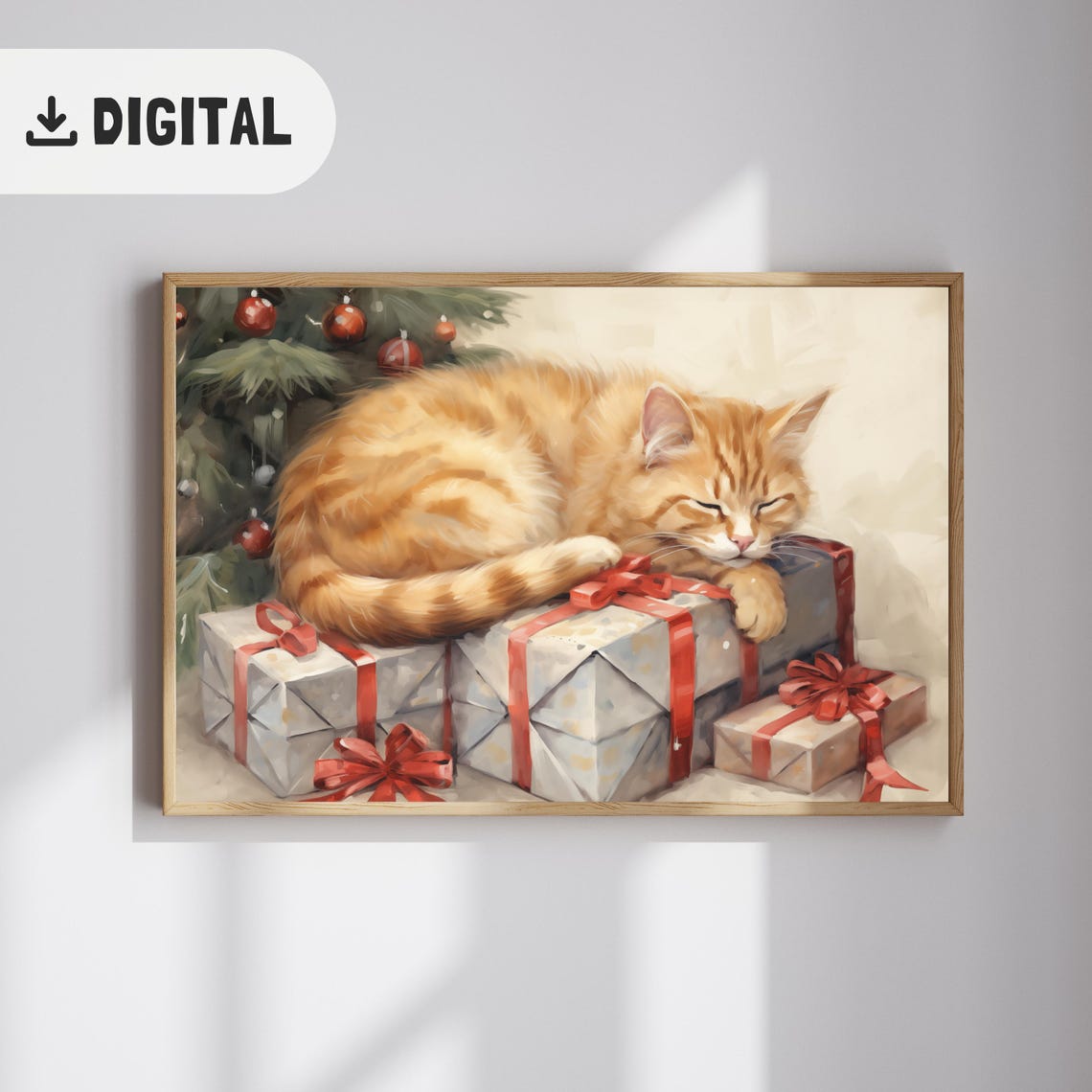 Sleeping Orange Cat On Wrapped Gifts Red Baubles Christmas Poster - Image 2