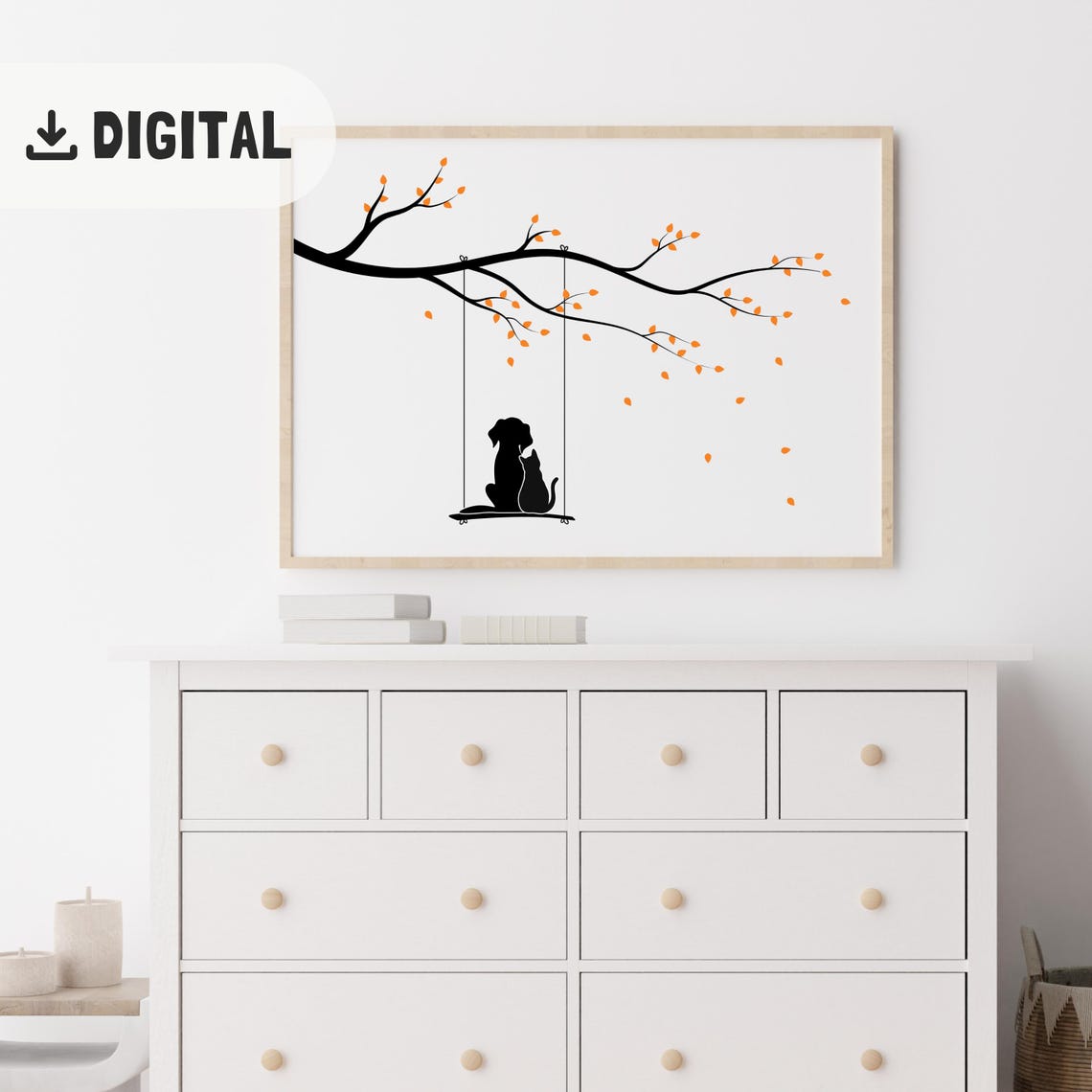 Dog and Cat Silhouettes on Swing with Falling Leaves Art Poster - Image 2