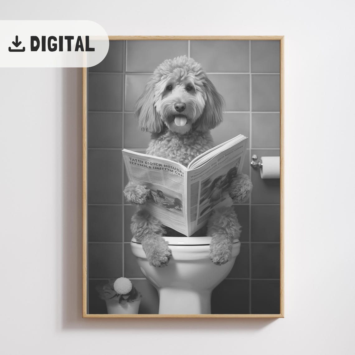 Black and White Curly Doodle Dog Reading Newspaper Toilet Poster - Image 2