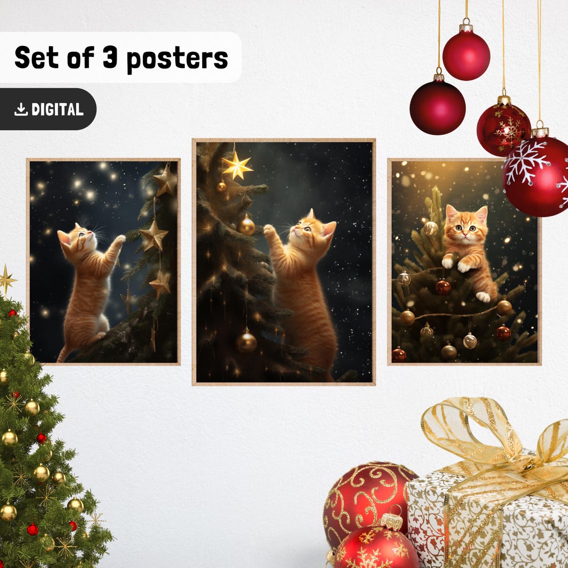 Orange Kitten Perched In Christmas Tree Holiday Baubles Poster - Image 2
