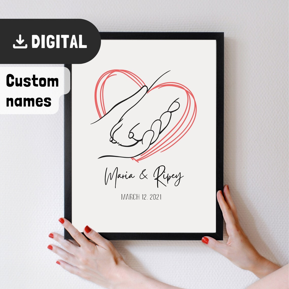 Custom Pet Memorial Hand Holding Paw Line Art with Heart Poster - Image 2